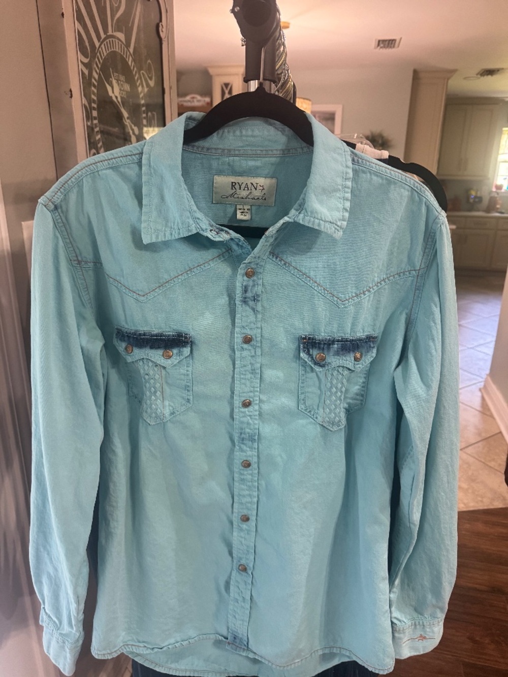Ryan Michael Men’s Western Shirt Turquoise Blue Size L Cowboy Pearl Ryan Michael